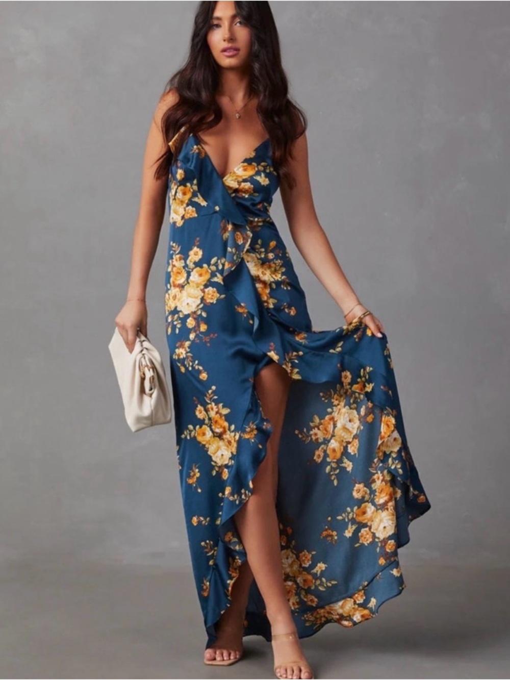 Dress Forum Blue Floral Wrap Maxi Dress with Yellow Blooms